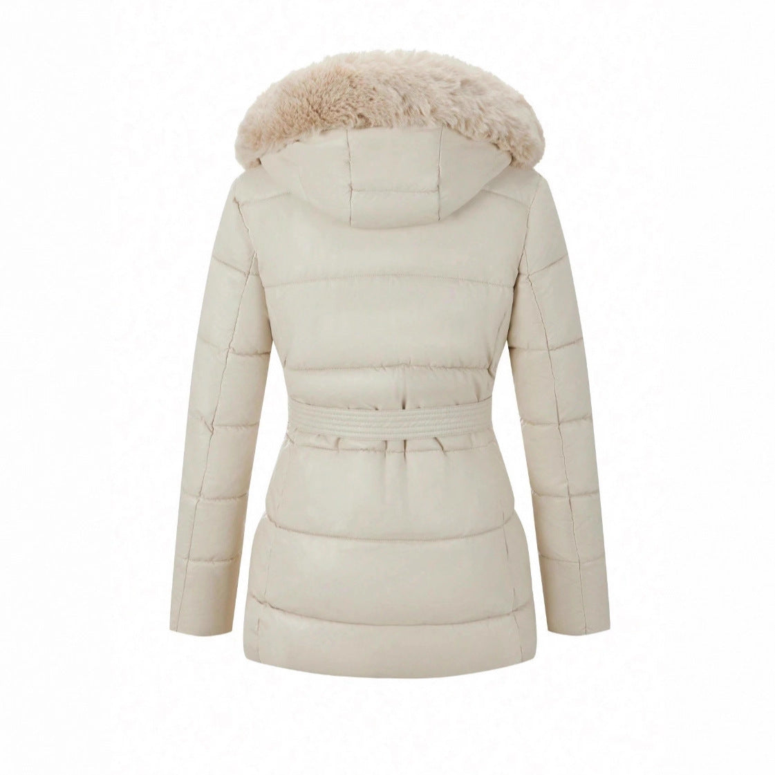 Beige winter coat with fur hood on a white background