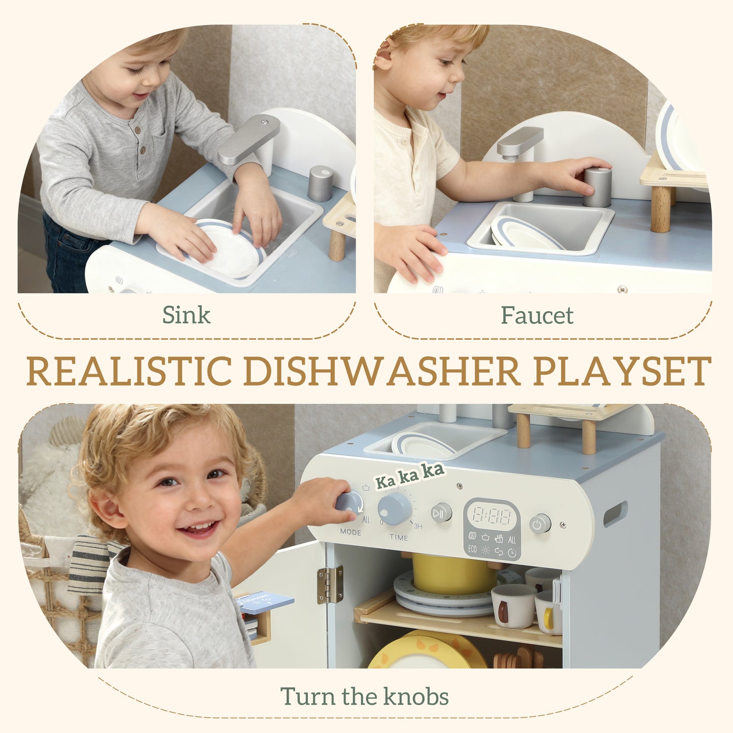 Realistic dishwasher playset with children interacting with it, featuring a sink, faucet, and control panel.