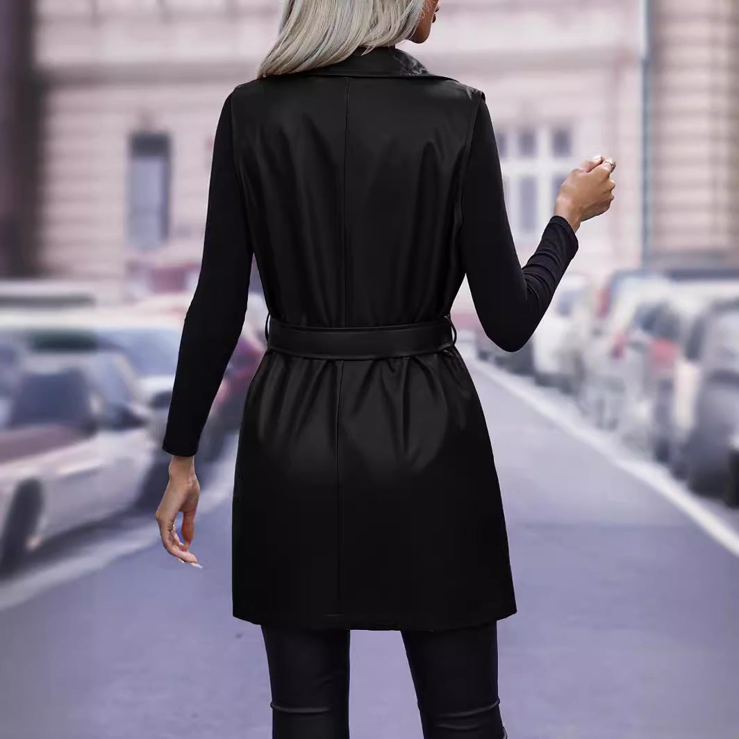 PU Leather Cardigan Strap Sleeveless Gilet