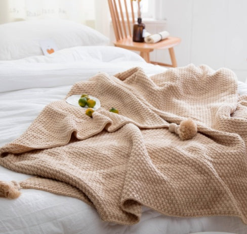 Nordic fringed knit ball wool blanket