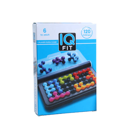 IQ Fit puzzle game packaging with colorful beads on a blue background