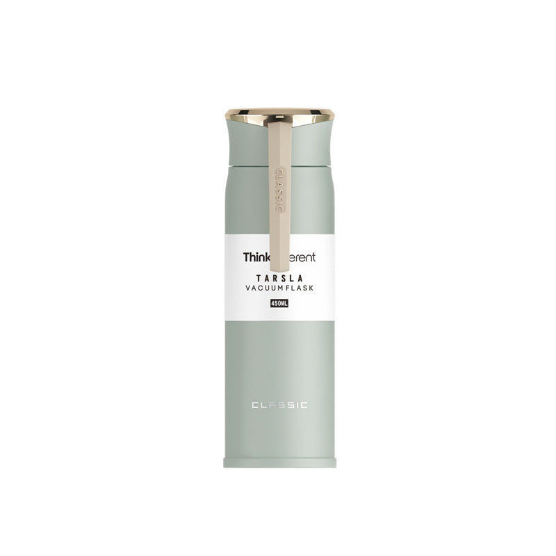 Vacuum flask with 'Think Different' branding on a white background