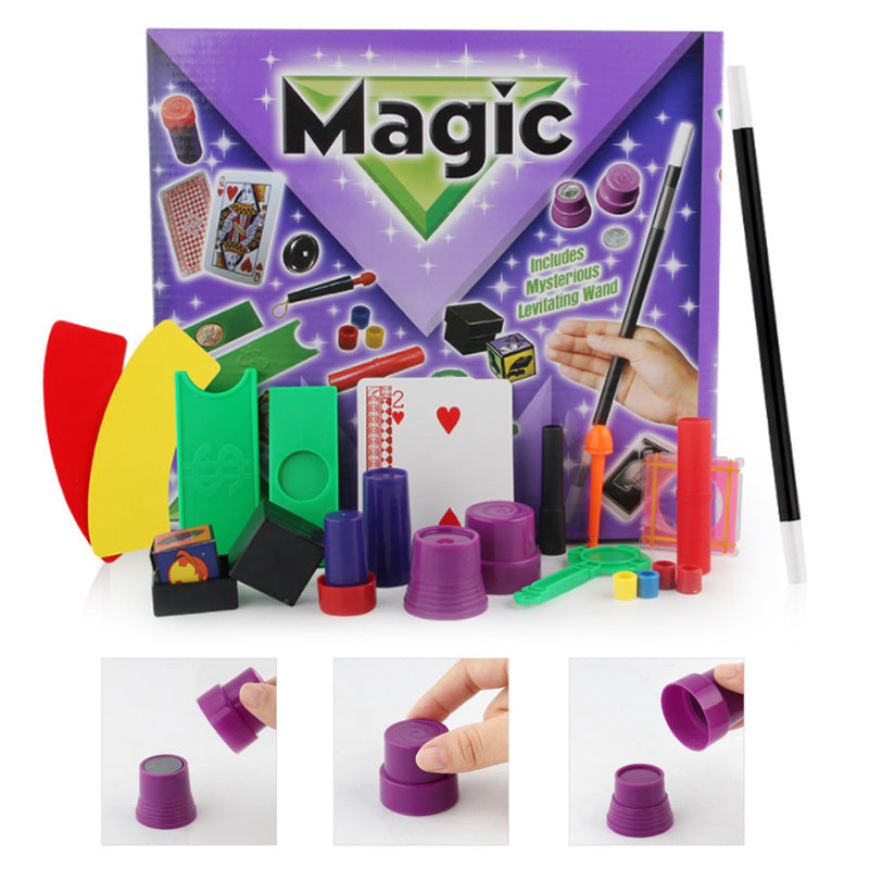 Magic trick set with colorful components and a purple box labeled 'Magic'.