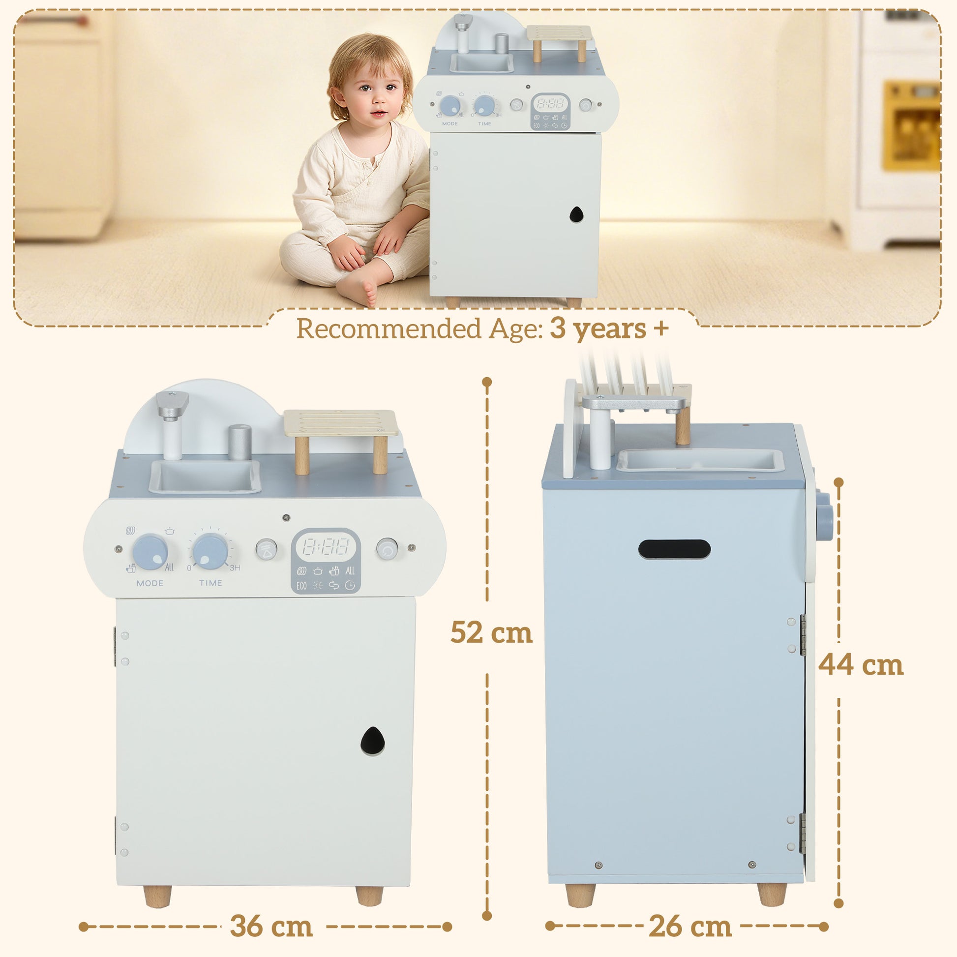 Children's play kitchen set with dimensions and recommended age on a white background