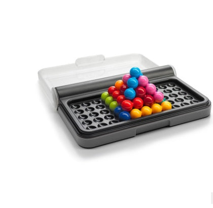 Gray puzzle toy with colorful beads on a white background