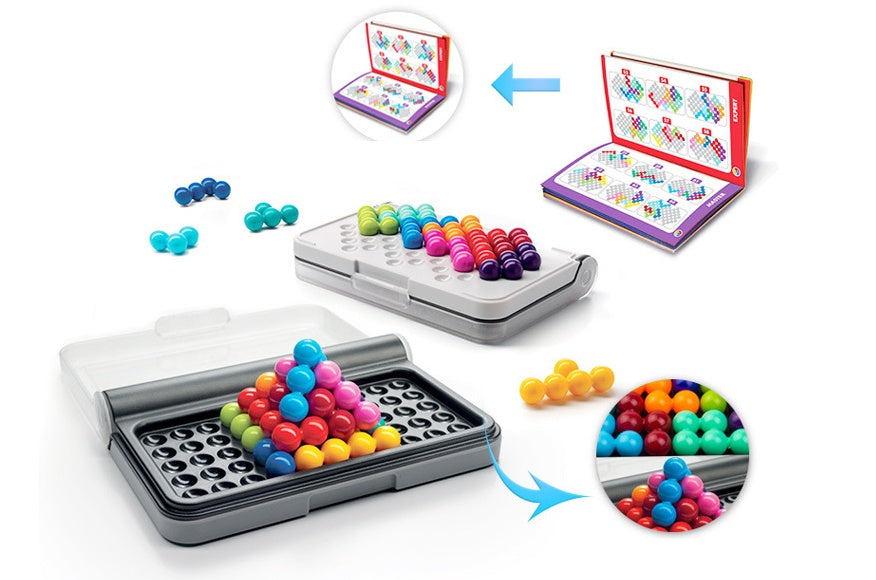 Colorful magnetic building set with storage case on a white background