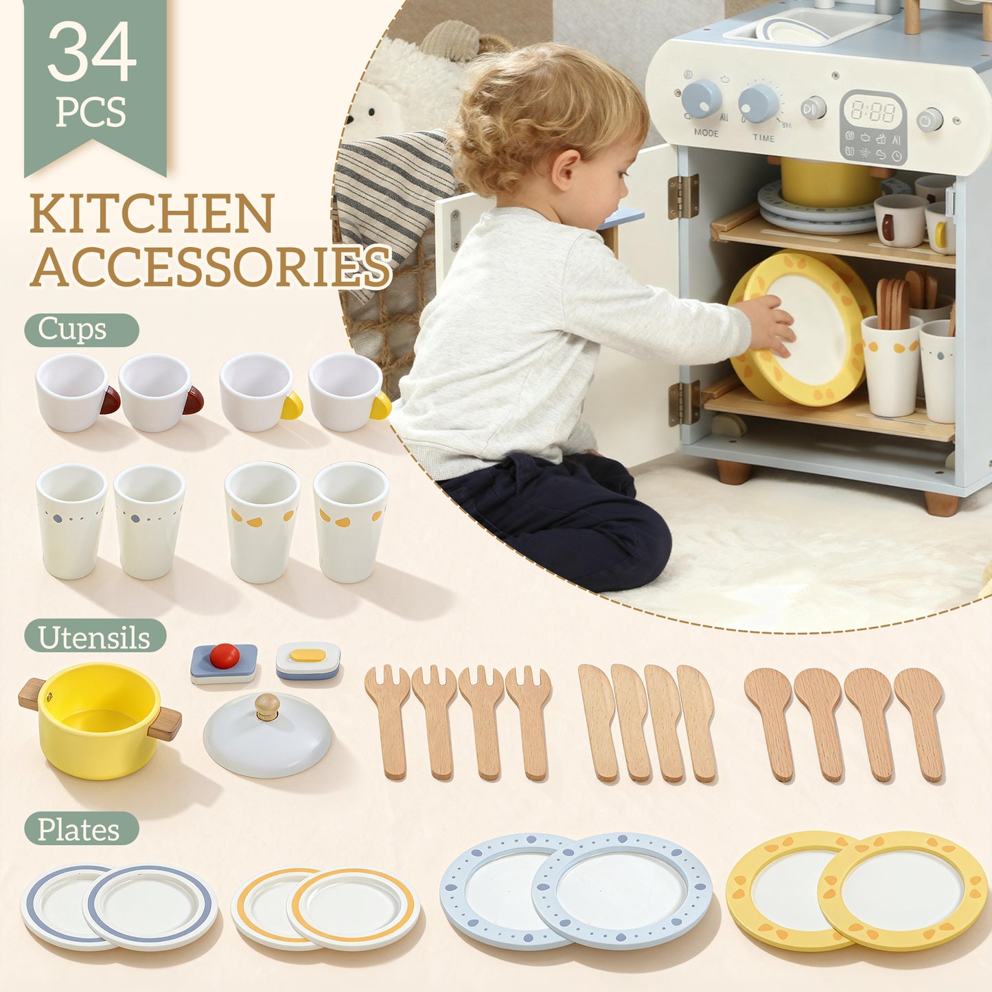 Child playing with a toy kitchen set and various kitchen accessories including cups, utensils, and plates.