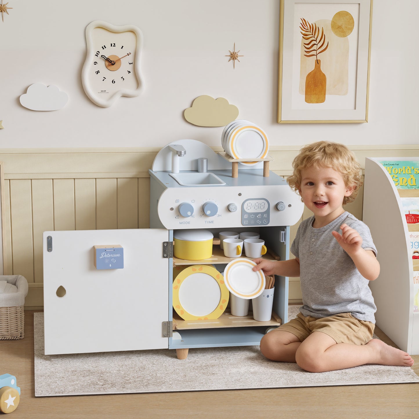 Child playing with a toy kitchen set in a room with decorative elements.