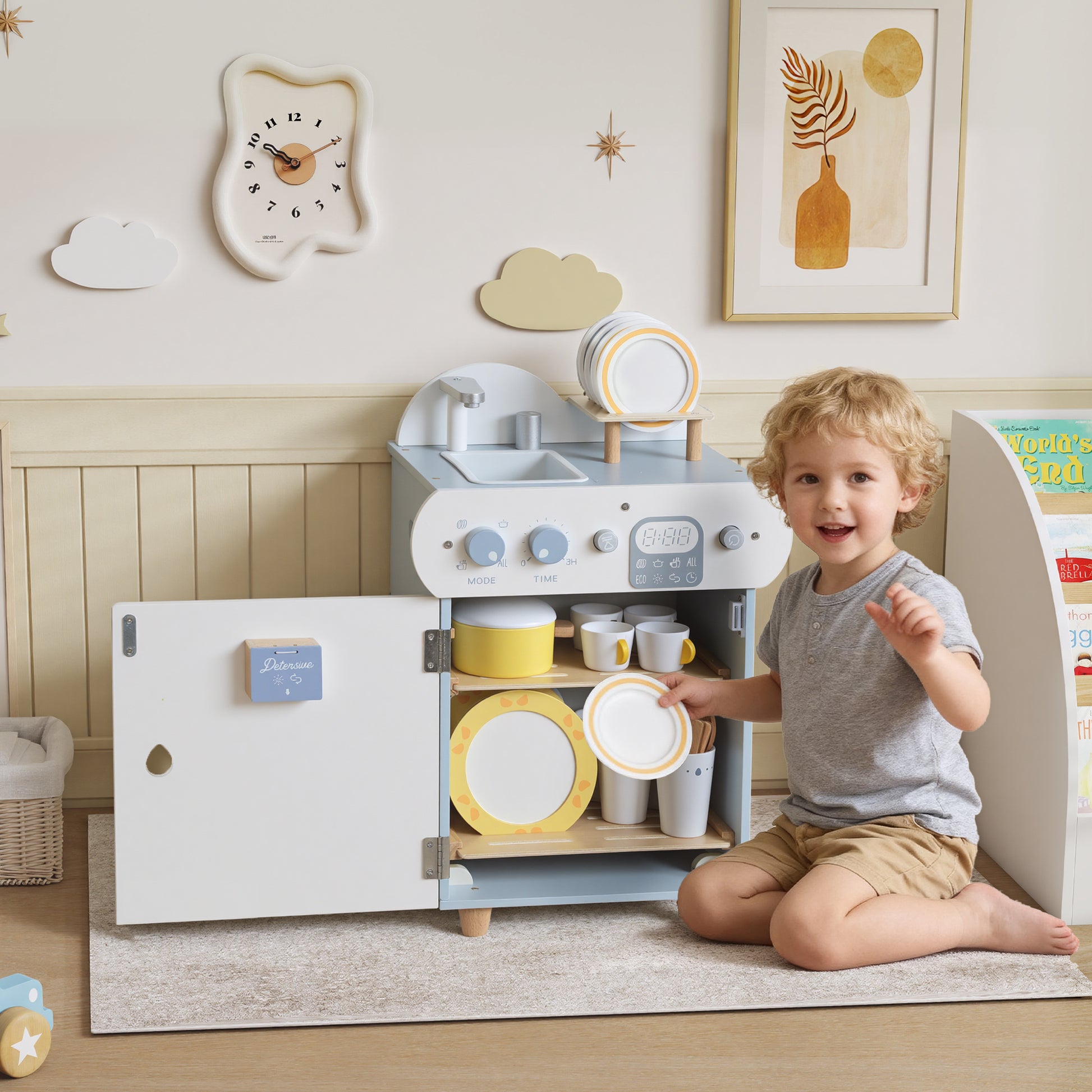 Child playing with a toy kitchen set in a room with decorative elements.