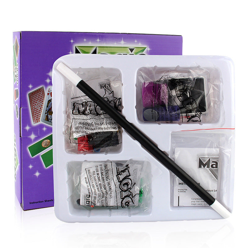 Magic wand and components in a clear box with purple packaging on a white background