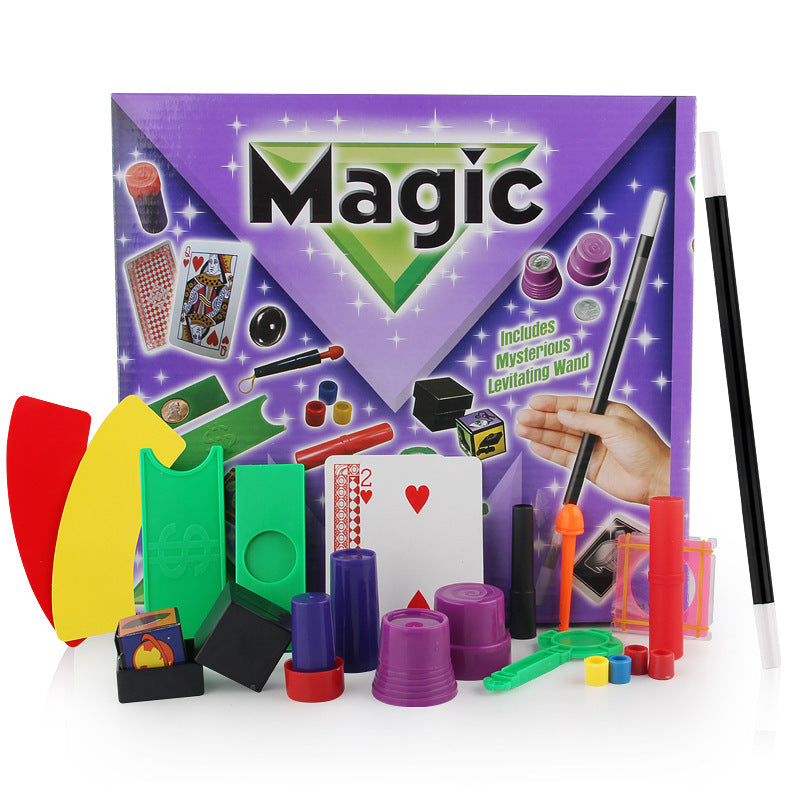 Magic toy set with colorful components and a levitating wand against a white background