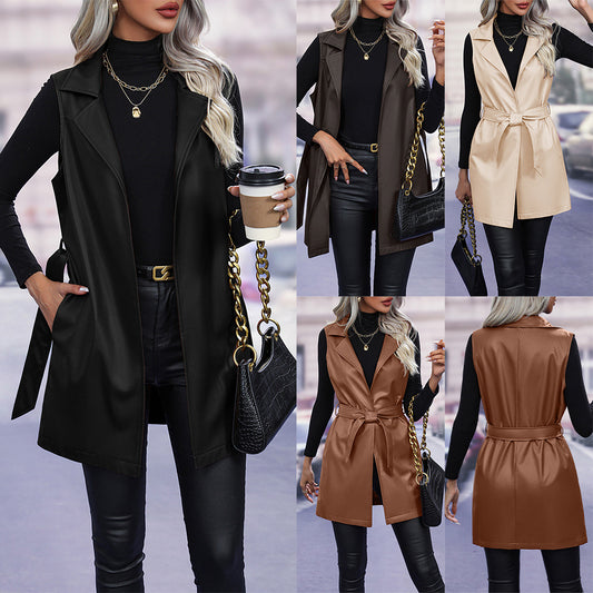 PU Leather Cardigan Strap Sleeveless Gilet