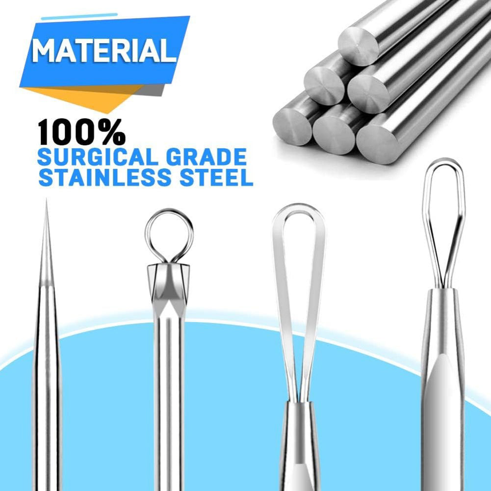 Surgical grade stainless steel tools with material information on a white background