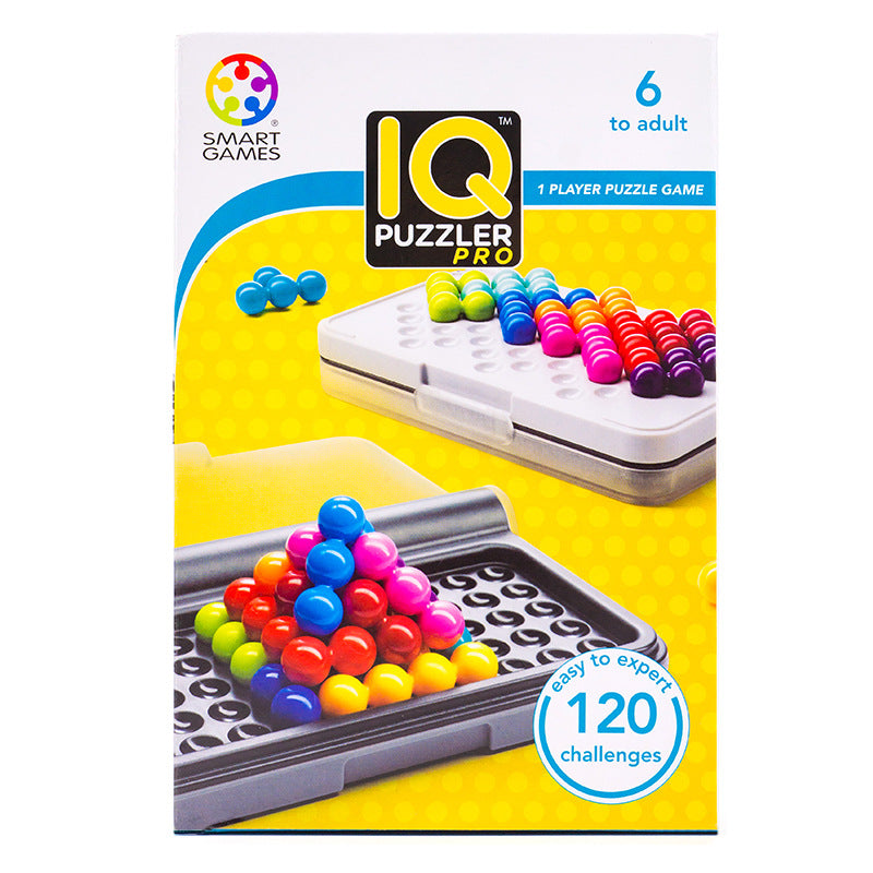 IQ Puzzler Pro game packaging with colorful beads and game board on a yellow background