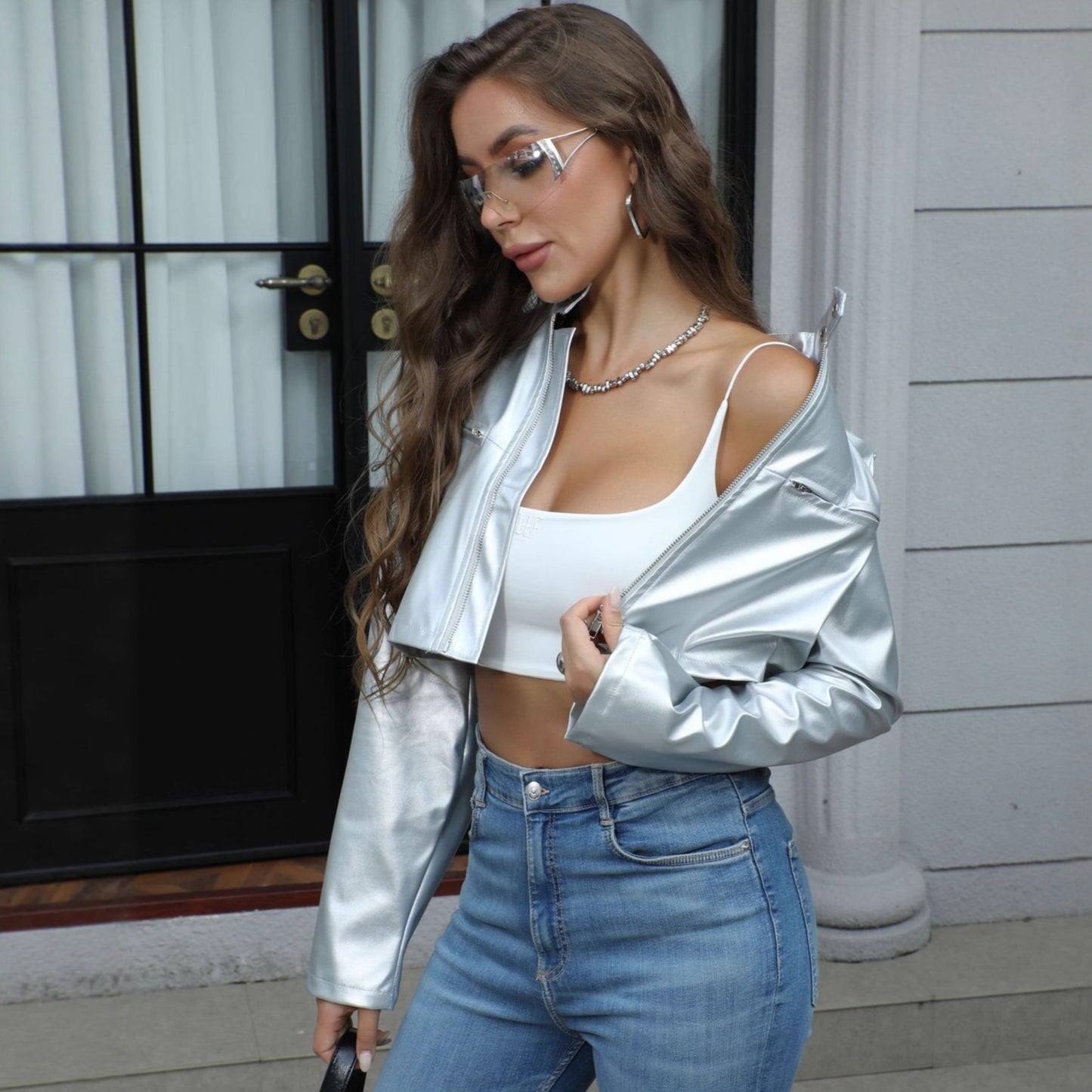 Metallic Stand-collar Zipper Jacket