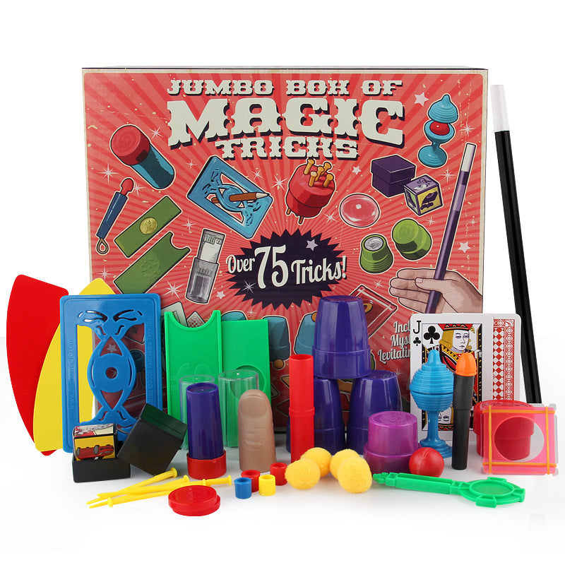 Jumbo box of magic tricks with colorful props on a white background