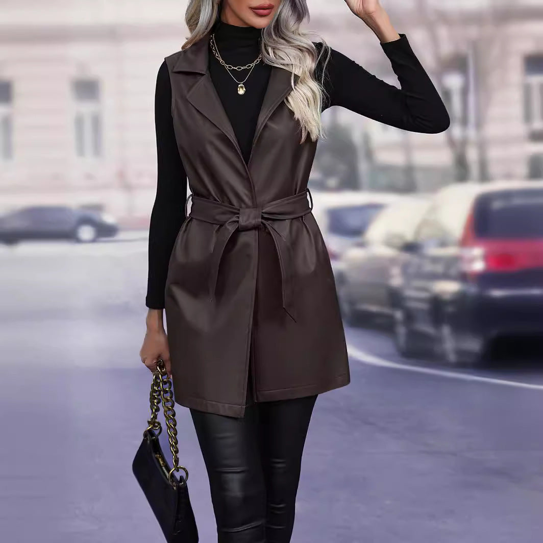 PU Leather Cardigan Strap Sleeveless Gilet