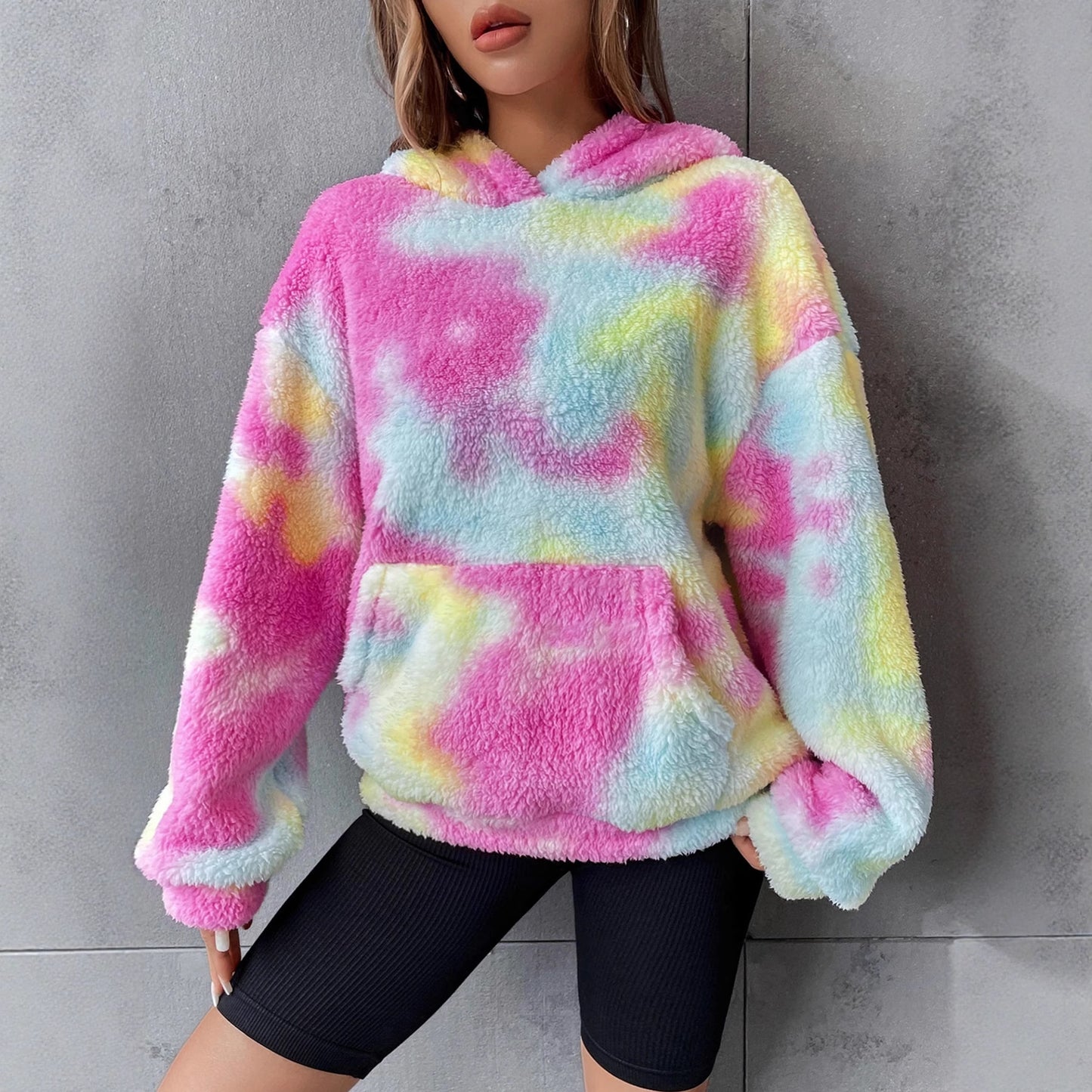 Tie-dyed Pocket Plush Hooded Sweater