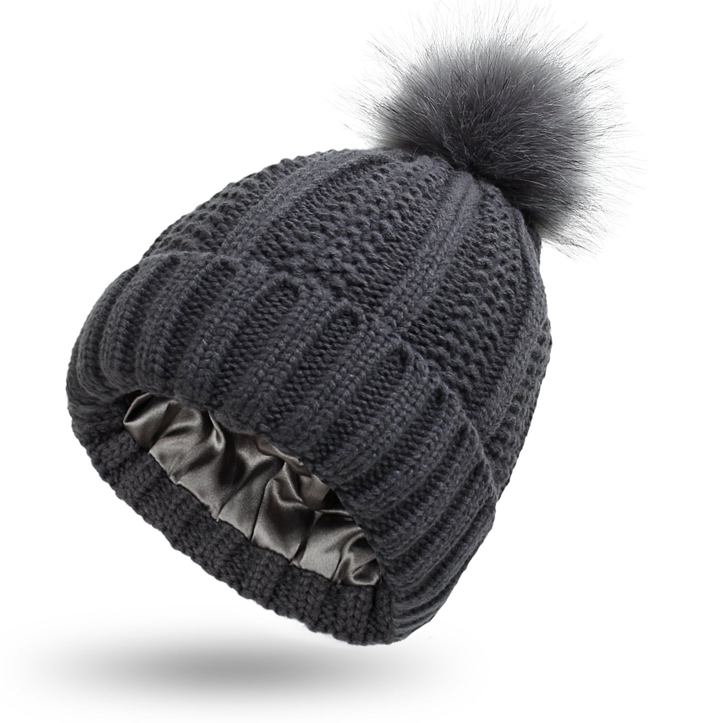 Winter Knitted Hats Fashion Stretchy Lined Skull Hats For Women Faux Fur Pom Pom Hat Keep Warming Beanie Hat
