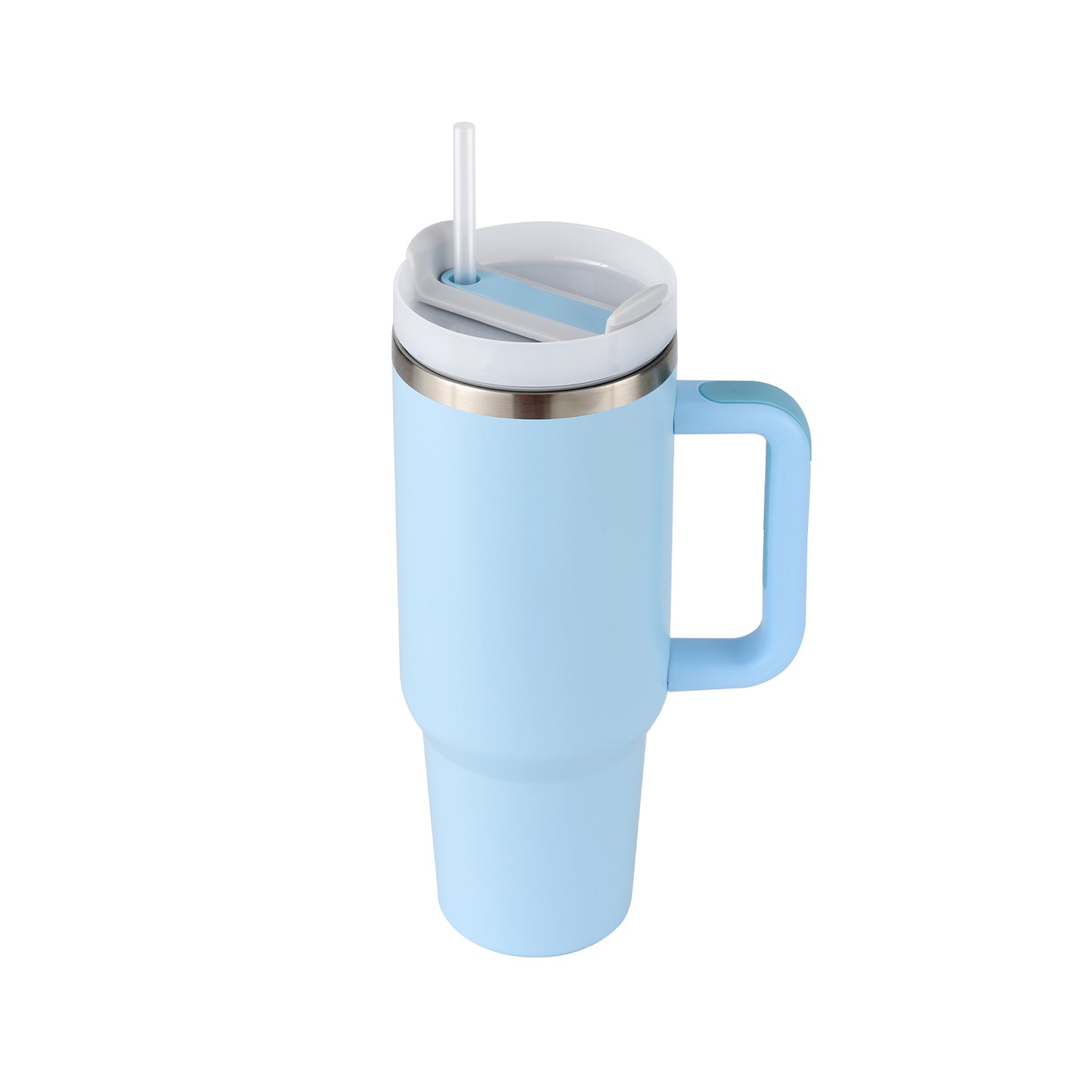 Light blue insulated mug with handle and straw lid on a white background