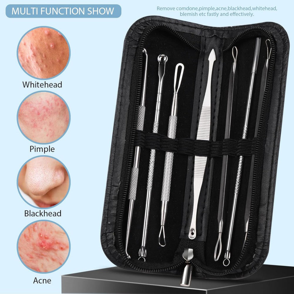 Set of skincare tools in a black case with images of skin issues on a light blue background.