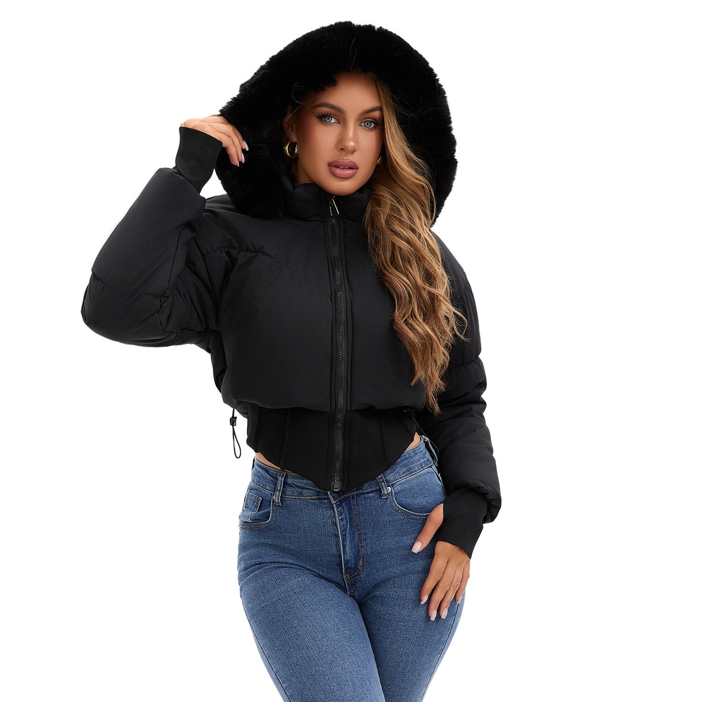 Women's Waist-tight Big Fur Collar Hooded Short Cotton Jacket