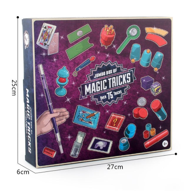 Box of magic tricks with illustrations and dimensions on a white background