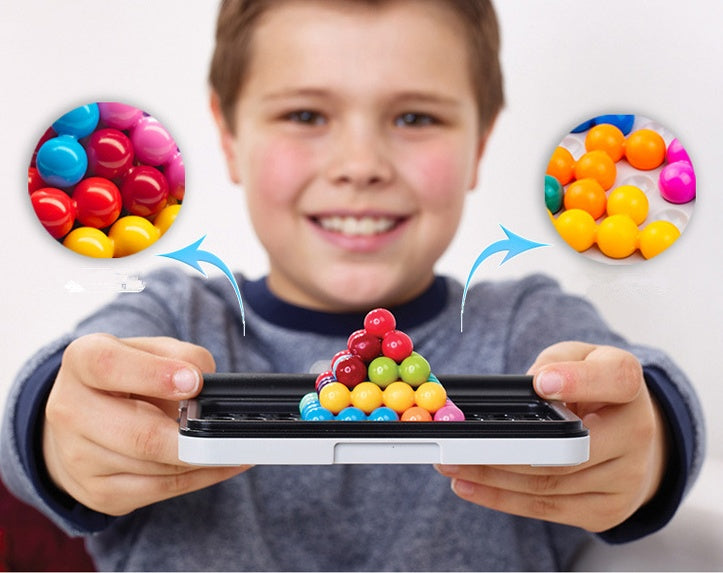 Child holding a device with colorful beads and inset images of beads.