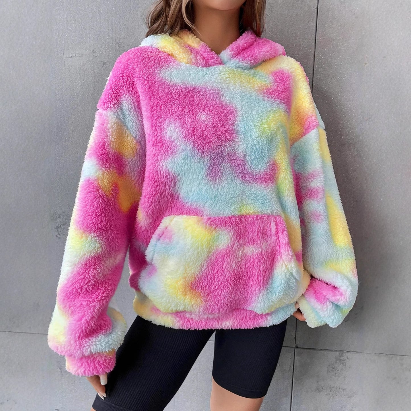 Tie-dyed Pocket Plush Hooded Sweater