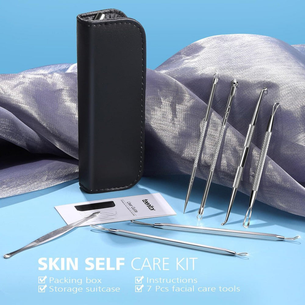 Skin self care kit with tools and packaging on a blue background