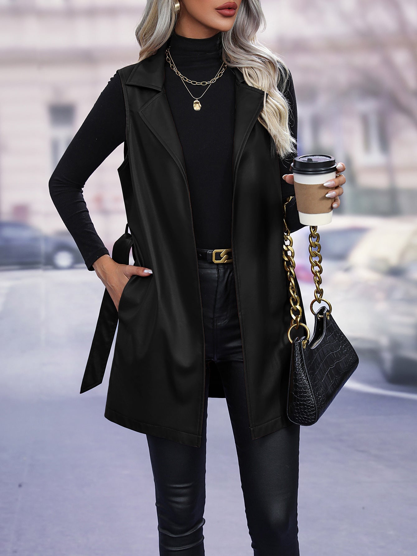 PU Leather Cardigan Strap Sleeveless Gilet