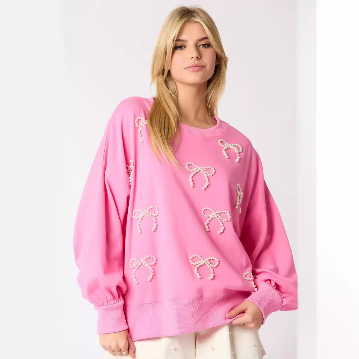 Pearls Bow Decoration Long-Sleeved Sweater