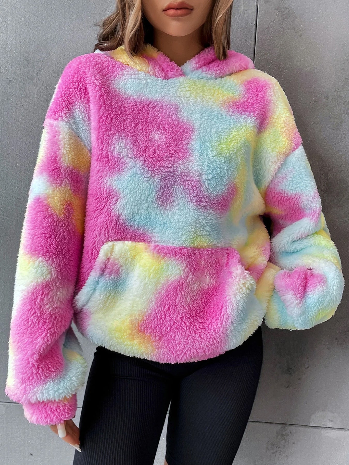 Tie-dyed Pocket Plush Hooded Sweater