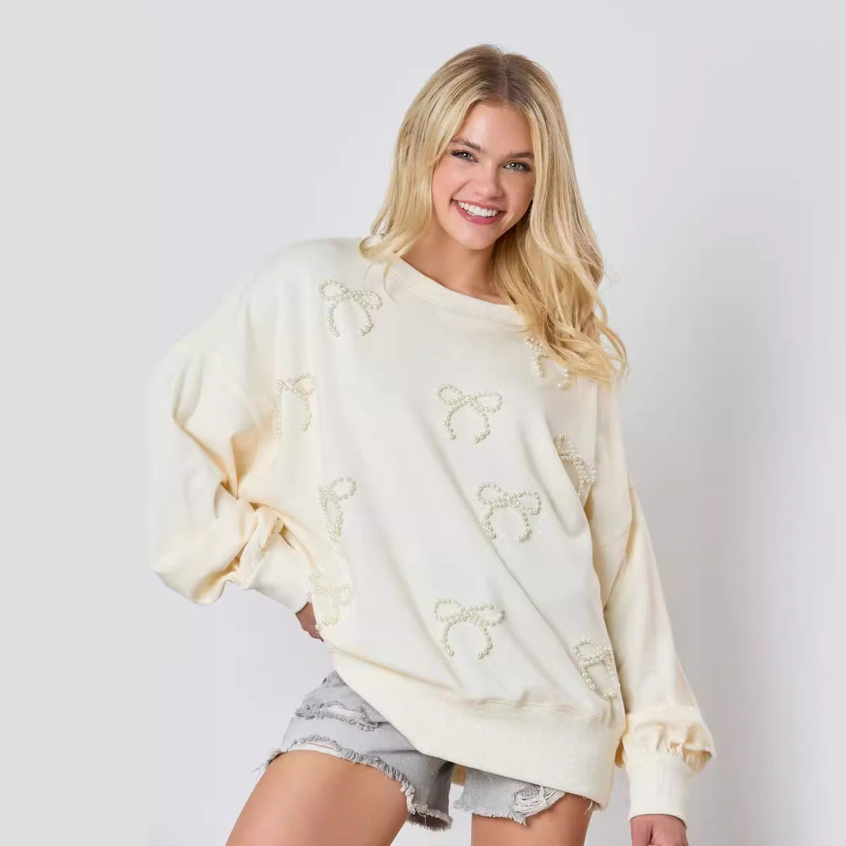Pearls Bow Decoration Long-Sleeved Sweater