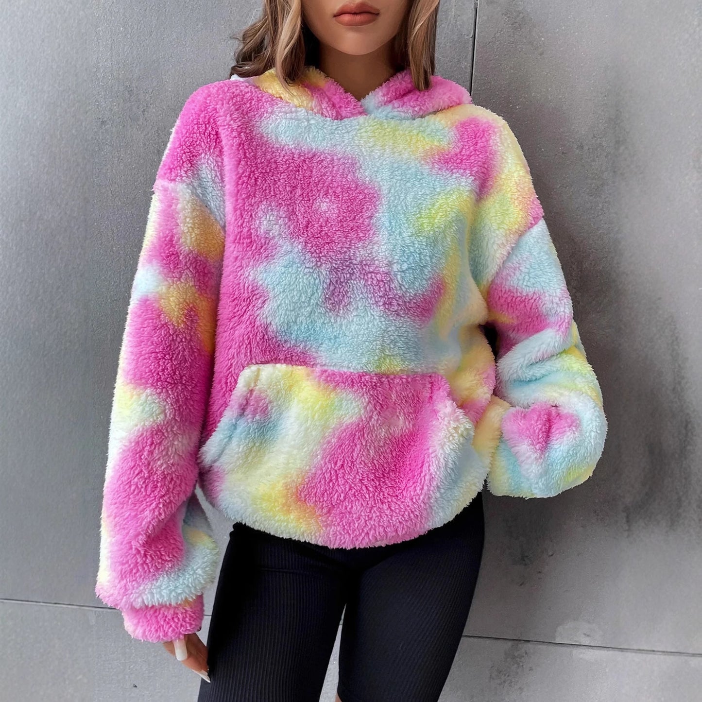 Tie-dyed Pocket Plush Hooded Sweater